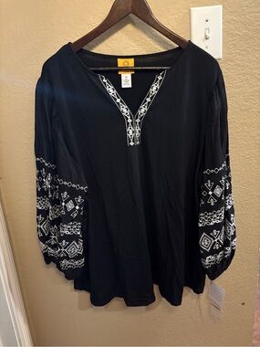 Ruby Rd. Black Tunic with White Geometric Embroidery
